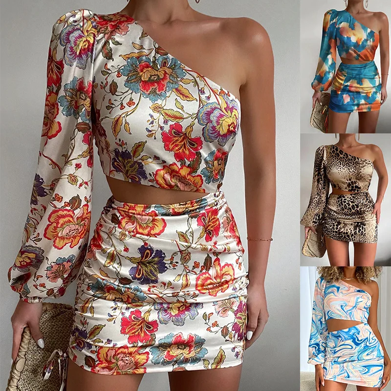 

Fashion Print Dress Women's Sexy One Shoulder Sleeve Bodycon Irregular Mini Dresses Female Summer Tight Nightclub Party Vestido