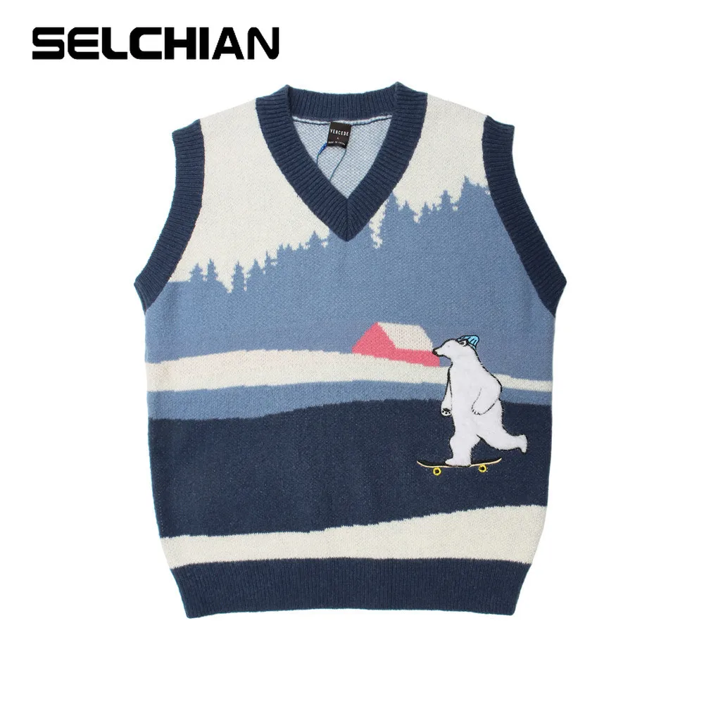 

2021 New Mens Sweater Vest Polar Bear Embroidery Fashion Loose V-neck Men Sleeveless Vest Sweater Winter Pullover Casual Knitted
