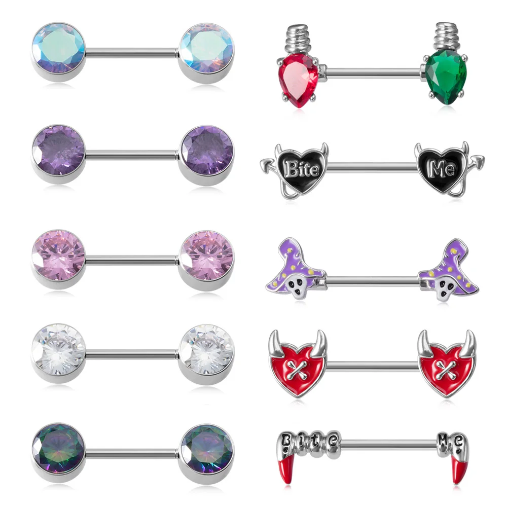 

2Pcs Devil Heart Witch Nipple Rings Surgical Steel Barbell Cubic Zirconia Nipple Piercing Stud Body Piercing Breast Jewelry 14G