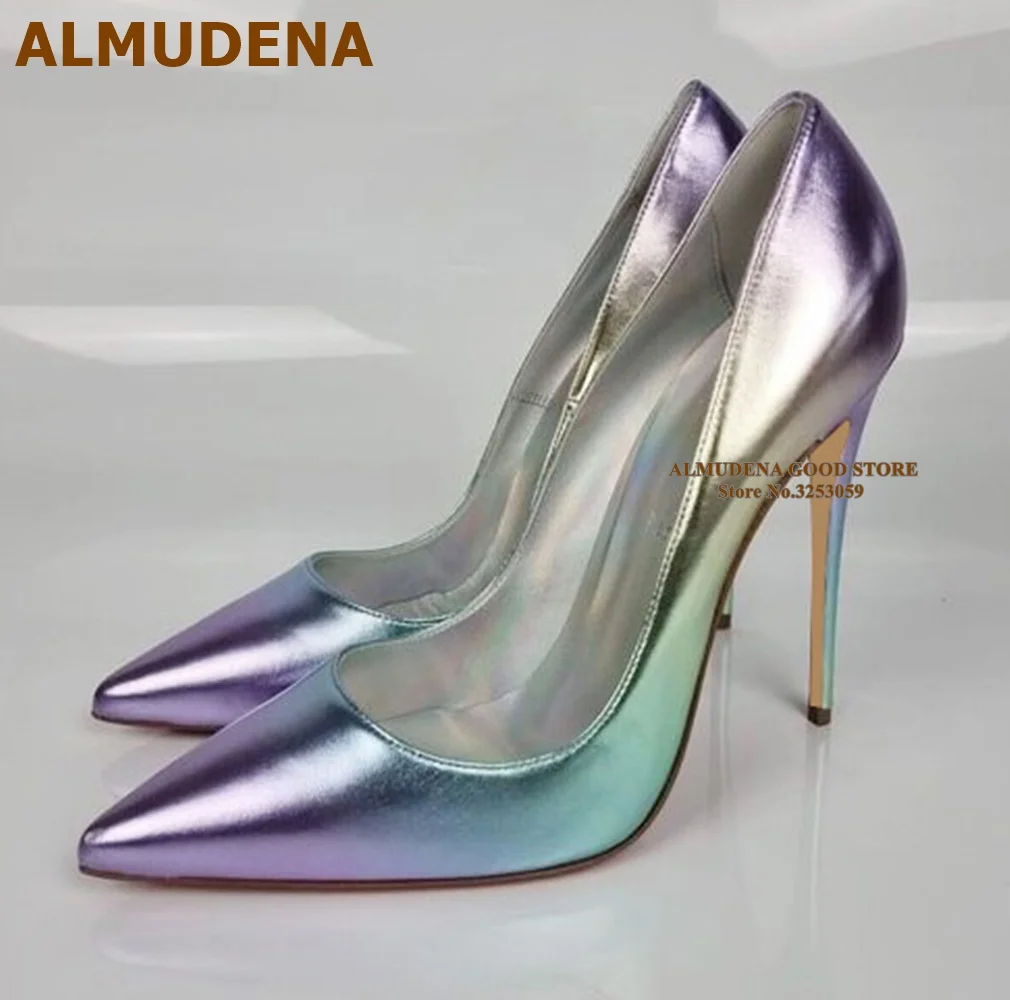 ALMUDENA Gradient Multi-color Fluorescent Matte High Heel Shoes 12cm 10cm 8cm Shallow Pointed Toe Dress Pumps Colorful Slip-on