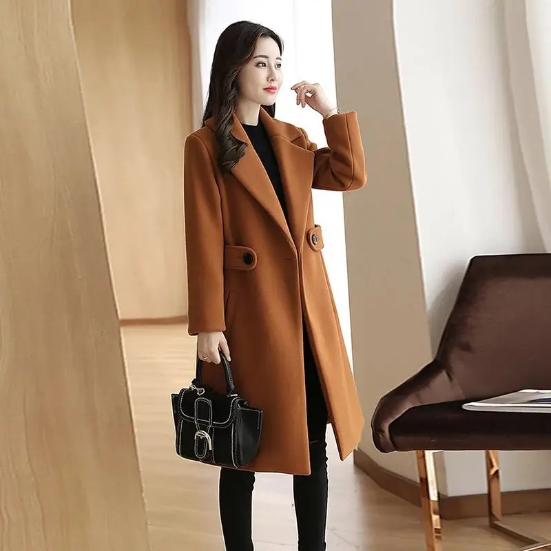 

M-4XL Womens Woolen Coats Autumn Winter Female Blends Jackets Turn-down Collar Long Splicing Fashion Ladies Outerwear Hw100