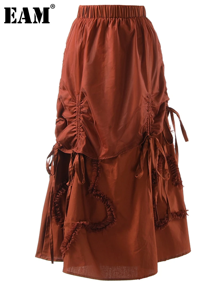 

[EAM] High Elastic Waist Black Irregular Drawstring Long Half-body Skirt Women Fashion Tide New Spring Autumn 2022 1DE3619