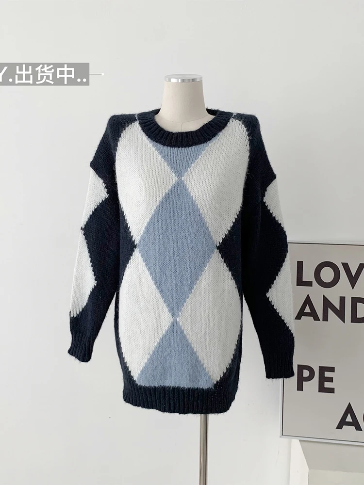 

Женский трикотажный пуловер в стиле Харадзюку, контрастный трикотажный пуловер в стиле пэчворк с ромбовидным узором и круглым вырезом, Осе...