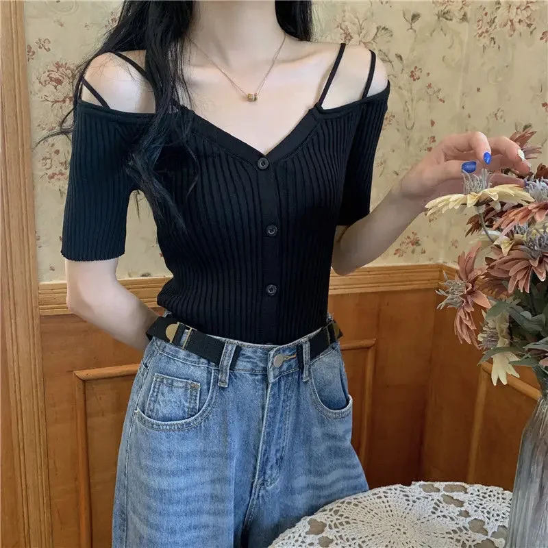 Летний вязаный Топ Женский облегающий кардиган с V-образным вырезом