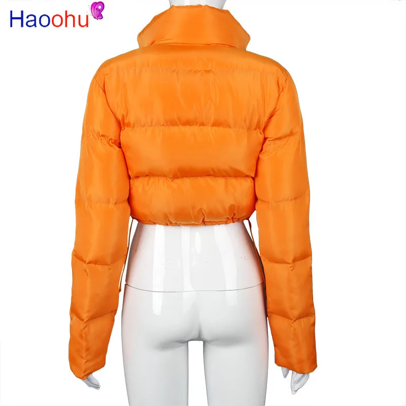 HAOOHU Crop Puff Jacket for Women Winter Clothes Warm Parka Fashion Outwear Long Sleeve Zip Thick Down Bubble Lapel Coats