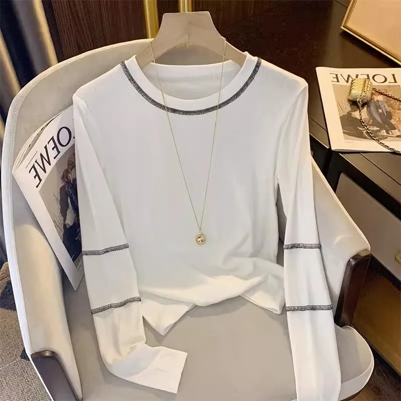 Гонконг Sle Chic рубашка с круглым вырезом и длинными рукавами женская осенняя