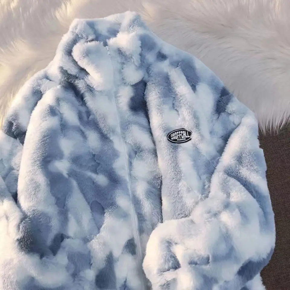 Fashion Couple Jacket Women Winter Korean Large Coat Warm Tie Dye Couple Streetwear Loose Thick Hooded Jacket Lover Clothing