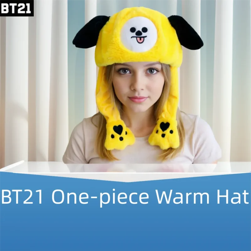 Фото Плюшевая шапка-шарф BT21 в стиле аниме с защитой для ушей, милая мультяшная шапка Cooky RJ Chimmy, зимняя модная пушистая цельная теплая шапка, подарок №5