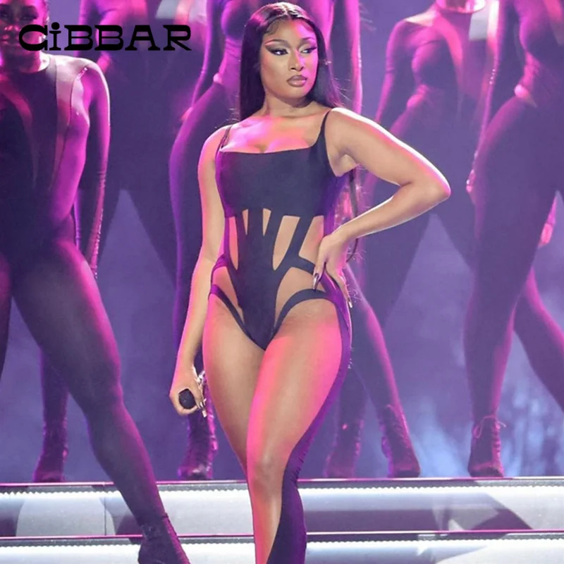 

CIBBAR Sexy Activities See Through Mesh Long Jumpsuit Clubwear Sleeveless Strap Cleavage One-pieces Midnight Bodycon Overalls