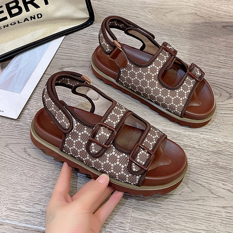 2023 Summer Women's Sandals New Comfortable Thick Sole Sandals Round Toe Plaid Open Toe Sports Sandals Wedges Shoes For Women