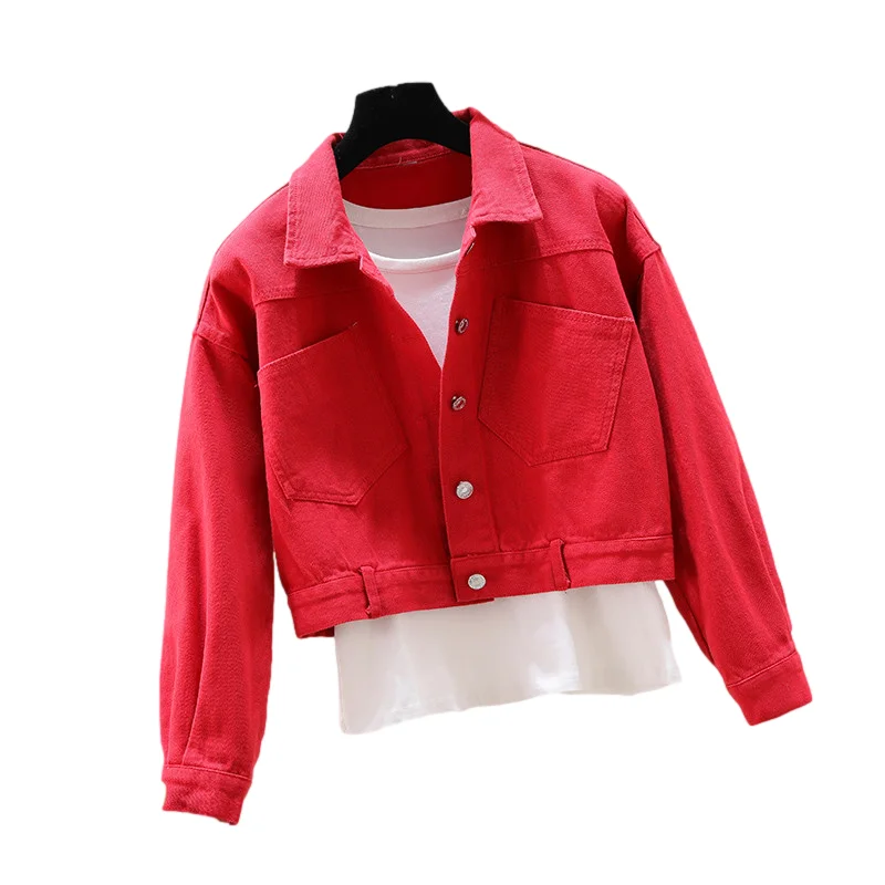 

Red Green Denim Jacket Women Loose Short Cowboy Outerwear Spring Autumn Fashion Big Pocket Long Sleeve Jeans Jackets Coat Female