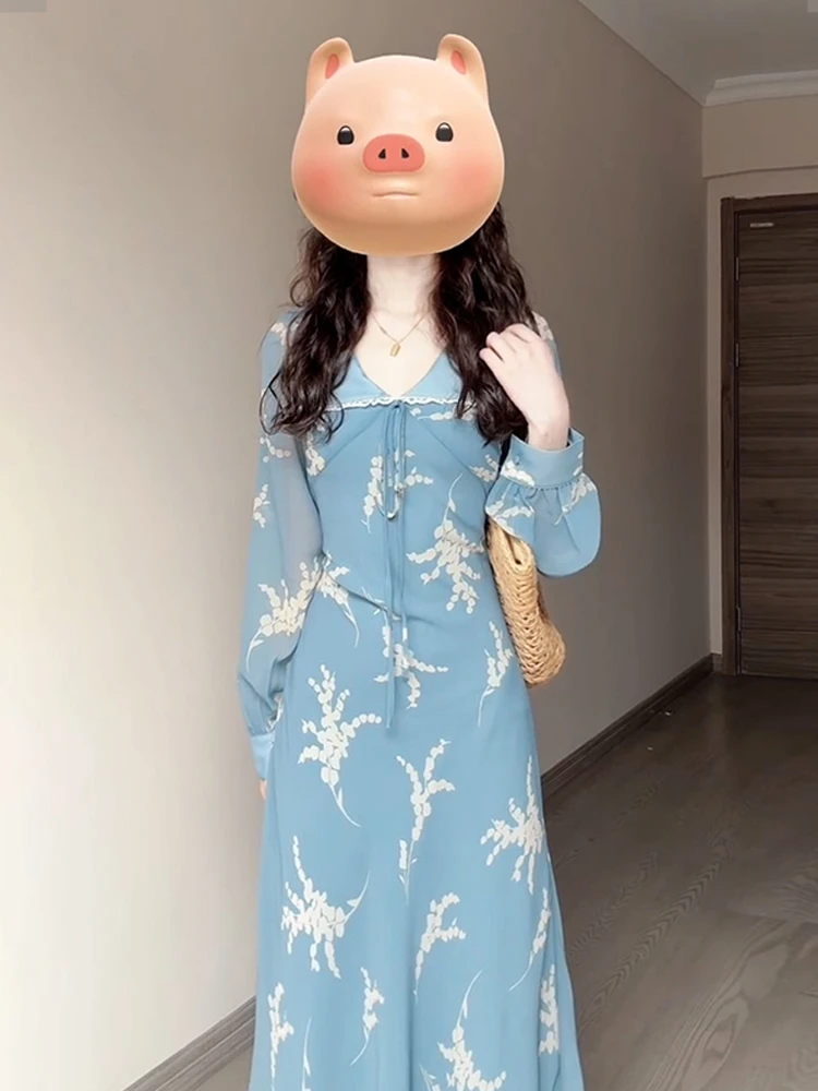 Французское синее платье с цветочным принтом и длинными рукавами детское Новое