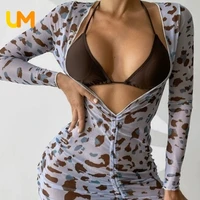 leopard sexy bikini set with suncream shirt sexy backless swimsuit%c2%a0 v neck summer beach triangle women swimsuits with thong