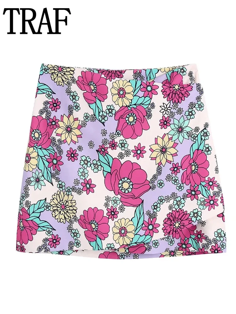 

TRAF Women Skirt Suits High-Waisted Floral Mini Skirts Vintage Summer Short Skirt Cottagecore Pint Top Set Woman 2 Pieces Skirt