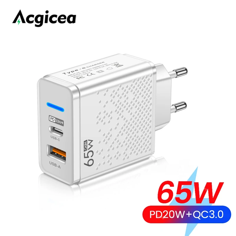 

65W GaN Double USB C Charger PD Fast Charging Charger For iPhone Samsung Xiaomi QC3.0 Mobile Phone Charger Type C Power Adapter