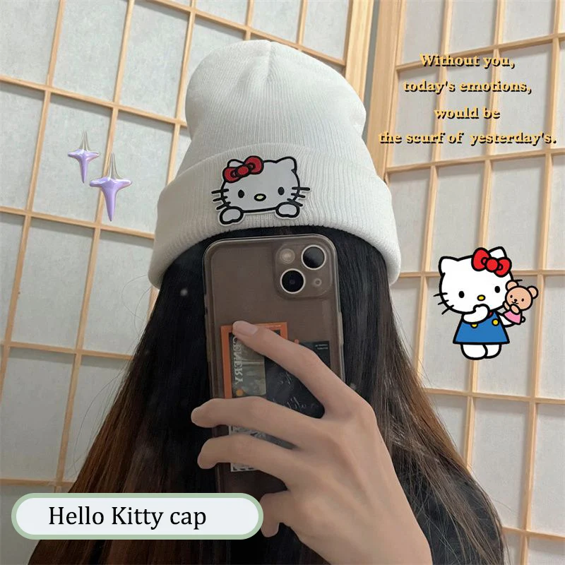 

Hello Kitty Kuromi Knitted Cap Kawaii Anime Cinnamoroll Melody Winter Cartoon Women Cute Warm Beanie Cap for Man Christmas Gifts