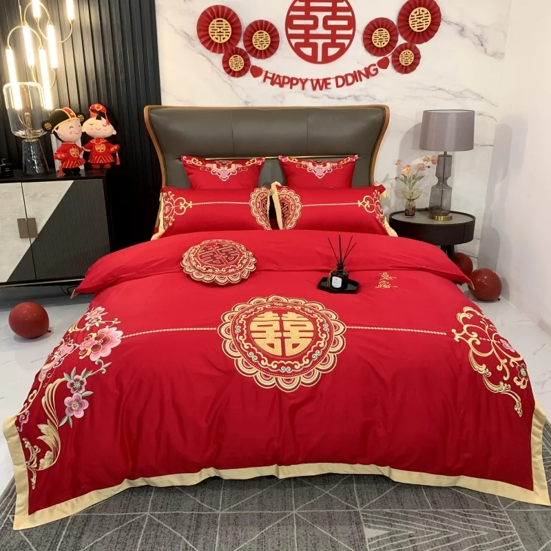

Luxury Chinese Wedding ding 60S Satin Silk Cotton Flower Embroidery Quilt Cover Comforter Set Bed Linen Pillowcases