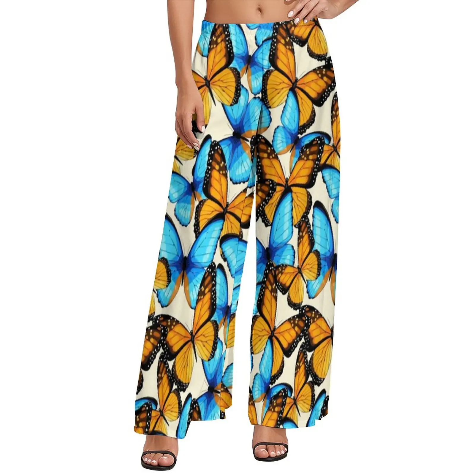 

Blue And Yellow Monarch Butterfly Pants High Waist Butterflies Art Watercolor Animal Kawaii Trousers Street Fashion Wide Pants