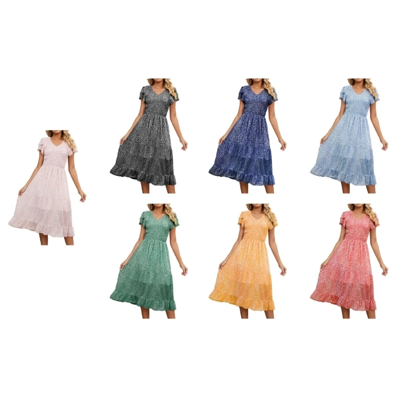 

F42F Womens V-Neck Layered Ruffle Short Sleeve Shirred Flowy A-Line Dress Summer Floral Print Ruffle Hem Swing Long Dresses