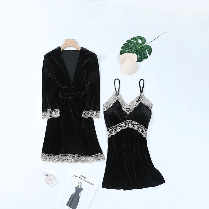 Women's Sleepwear 2 Pcs Sets Velvet Sleepwear Lace Robe Nightgown and Backless V-neck Sleep Dress Pajamas Set