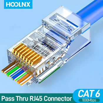 Hoolnx RJ45 커넥터 통과 CAT6A CAT6 50U UTP STP 23-26AWG 솔리드 또는 연선 이더넷 케이블 용 금도금 모듈러 플러그