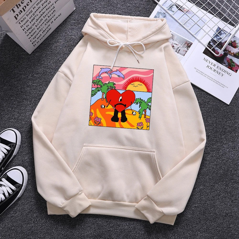 

Bad Bunny Sad Love Heart Beach Sun Dolphin Palm Tree Prints Mens Hoodies Fleece Harajuku Sweatshirt Casual O-Neck Male Pullover