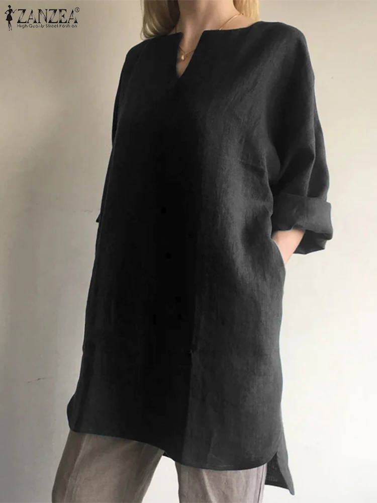 

ZANZEA Women 2023 Holiday Blusas Solid Color Retro Long Blouse Fashion Long Sleeve Shirts Casual Loose Cotton Spring Tops Tunic