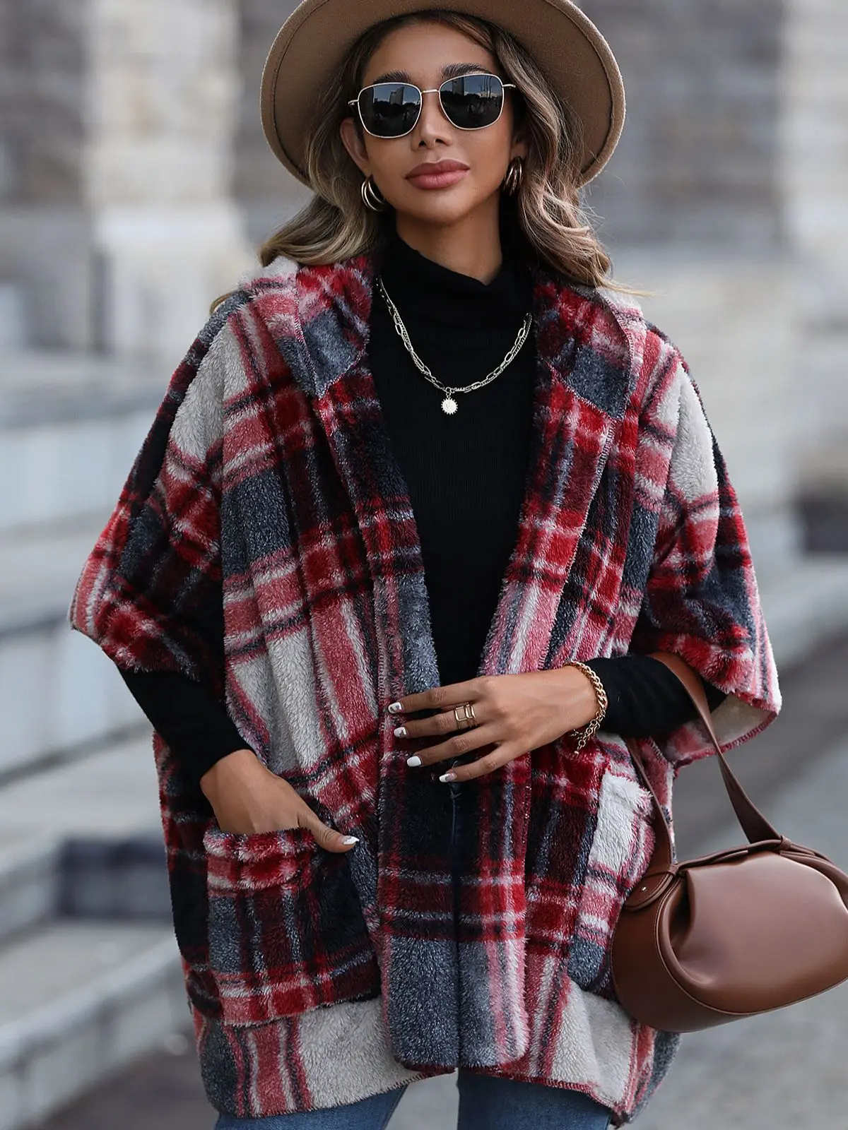 

Fashion new casual plush women's hooded five quarter sleeve loose Scottish style buttonless coat