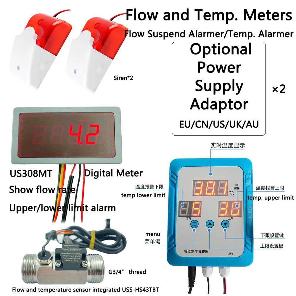 Digital Medidor de Fluxo e Alarme Temperatura Display e Sirene com Uss-hs43tbt Integrado com Sensor Ntc10k Isent 12v dc Us308mt Medidores de vazão