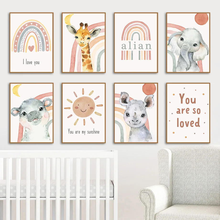 

Лев, жираф, слон Зебра Радуга солнце животные настенная Картина на холсте скандинавские постеры и принты настенные картины декор детской ко...