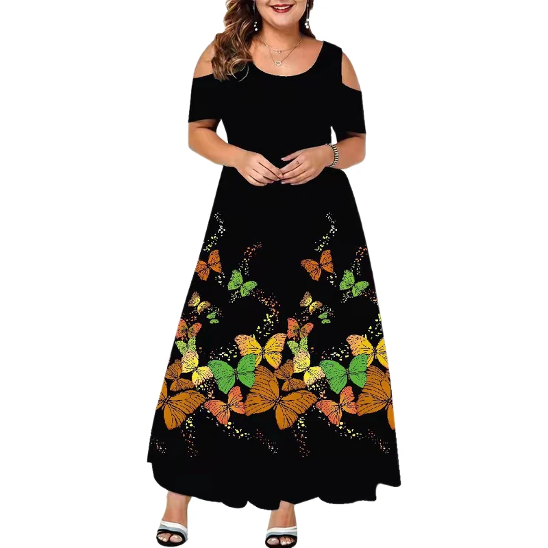 Plus Size Floral Print Cold Shoulder Maxi Dress Bohemian Dress 2022 Women Holiday Dresses Casual Loose Vintage Long Vestidos
