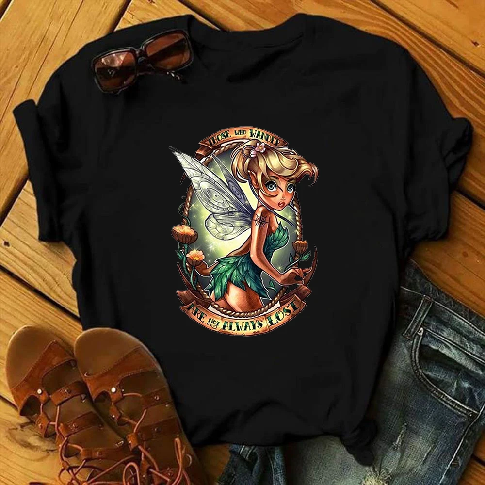 

Female Short Sleeve Punk Black Tshirts Cute Disney Princess Graphic Printed Women T-shirt Girls Fashion Cartoon Tops Tee