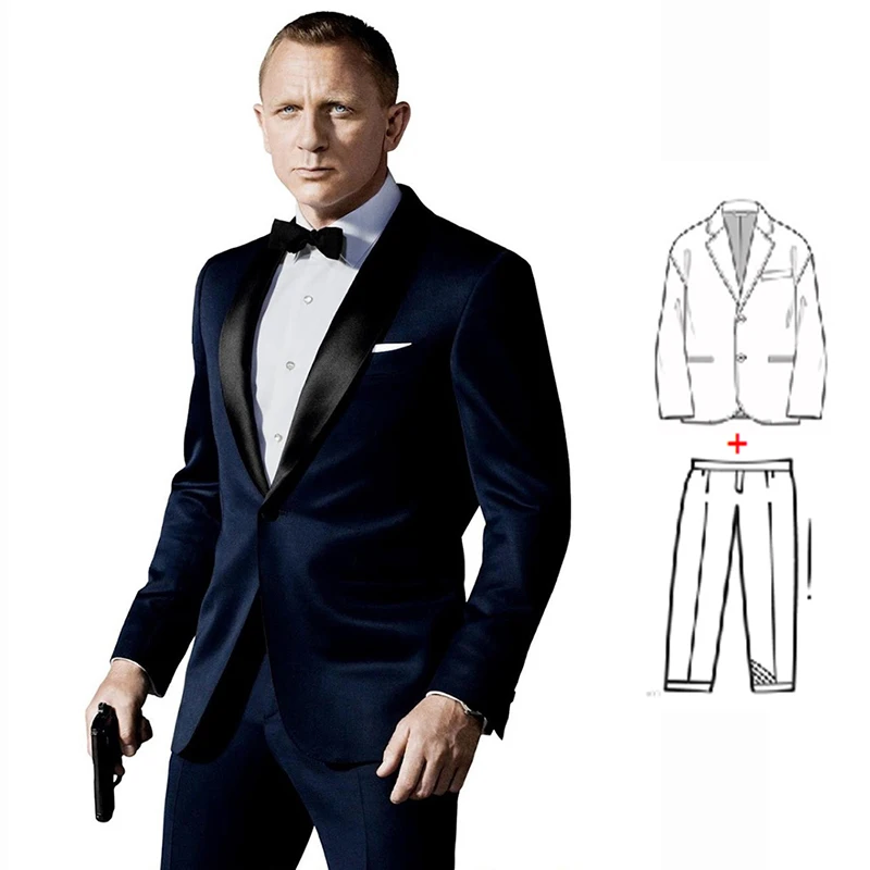 Navy Blue Suit for Men 2 Pieces Slim Fit Black Satin Lapel Tailor Made Groom Tuxedo for Wedding Classic Male Suits(Blazer+Pants)