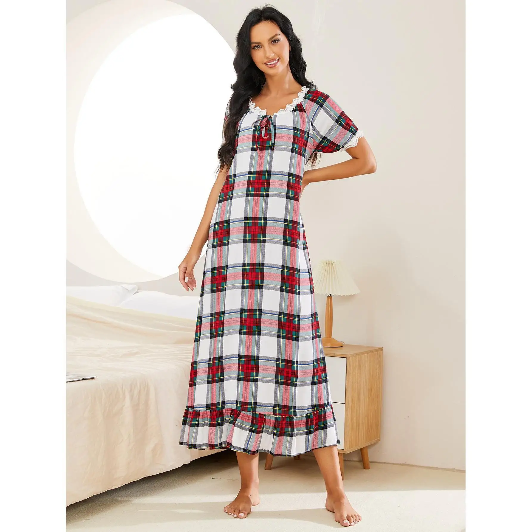 Spring and Autumn Plaid Short-sleeved Nightdress Women Can Wear One-piece Home Service Pajamas Night Wears for Women