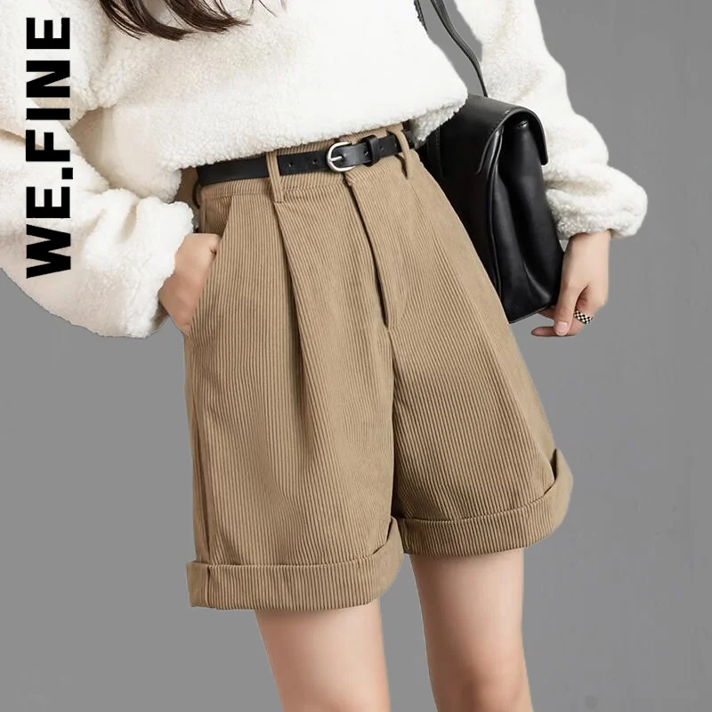 

We.Fine 2022 High Waist Wide Leg Shorts Spring Summer Vintage Trousers New Corduroy Women's Cargo Shorts With Belted Female