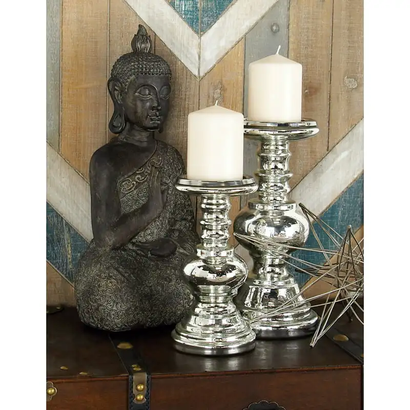 

Traditional Squat Style Glass Pillar Candle Holder with Silver Speckle Finish, Set of 2 9", 12"H for Home Wedding Table Decorati