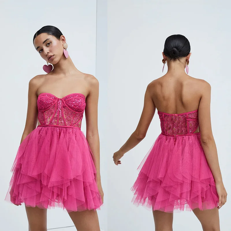 

Summer 2022 New Women's Lace Gauze Strapless Dress Pink Skirt Dresses for Women