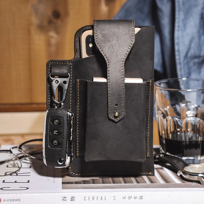 Outdoor Cellphone Holster Sport Running Mobile Phone Storage Belt Bag Crazy Horse Leather Men's Cell Phone Holder Fanny Pack