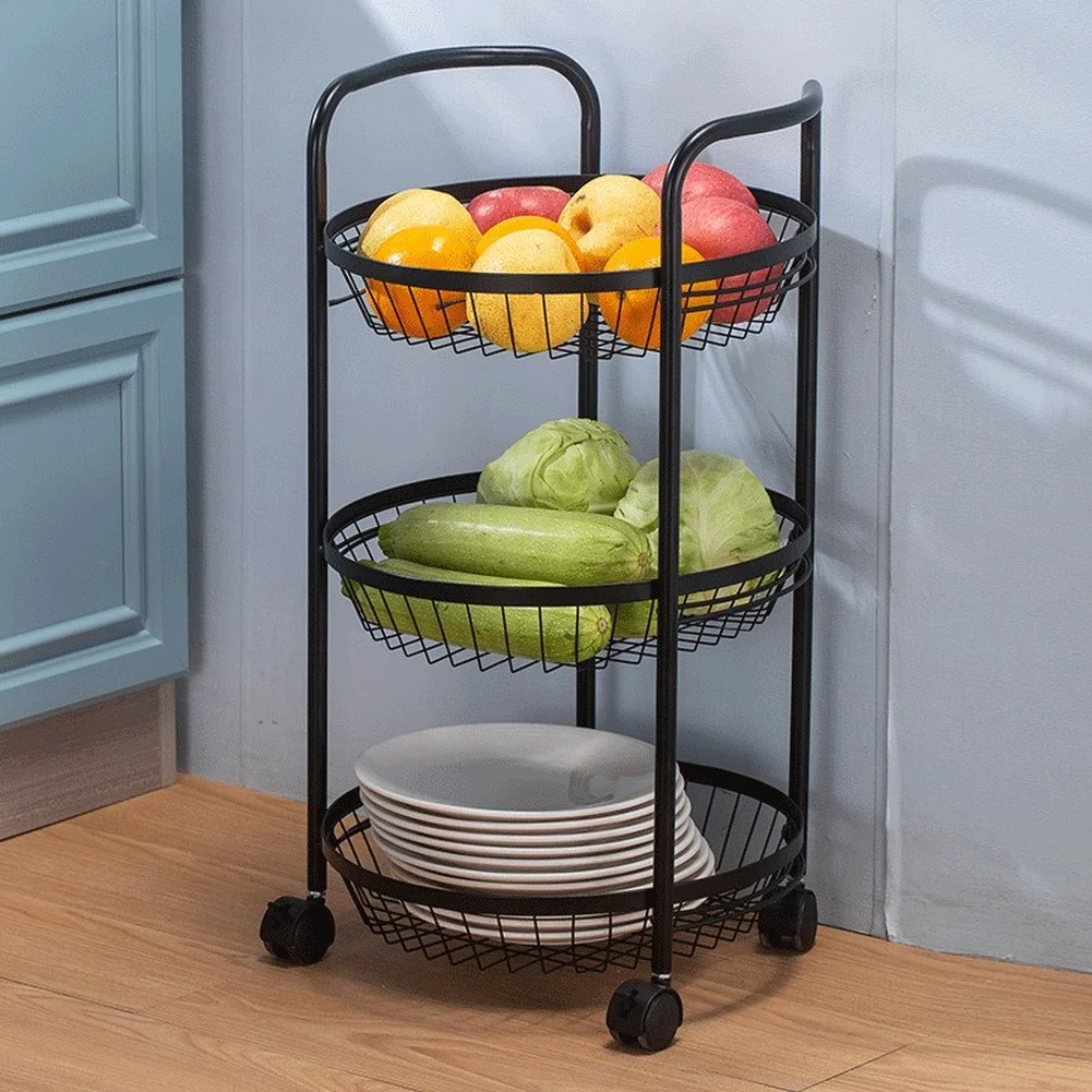 

3 Tier Kitchen Standing Shelf Mesh Wire Rolling Cart Metal Kitchen Storage Cart Multifunction Utility Cart with 3 Wire Baskets
