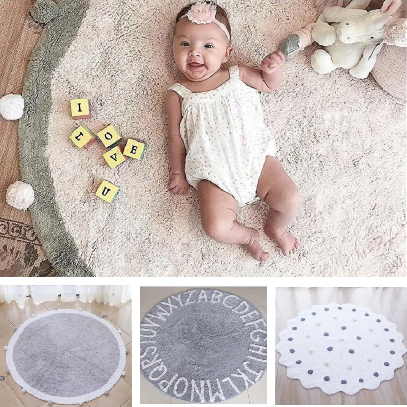 

120cm Big Cotton Rug Round Carpet Baby Kids Crawling Carpet Play Mat Soft Fluffy Shaggy Kilim Mat Bedroom Living Room Area Rug