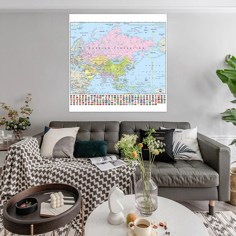 

90*90cm The Asia Map with National Flag Wall Unframed Print Decorative Poster Non-woven Canvas Painting Home Decoration