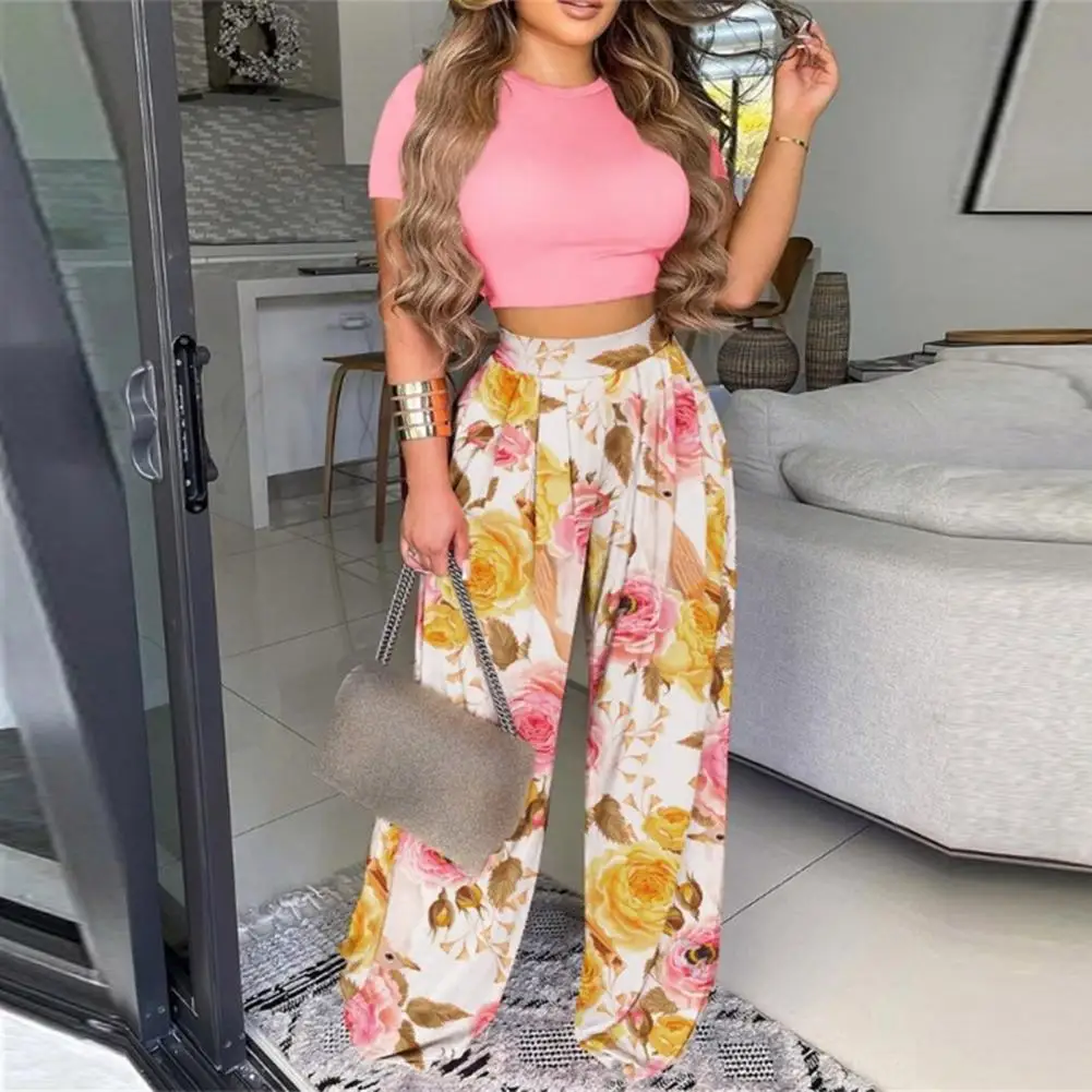 

Ladies 1 Set Attractive Flower Pattern High Waist Outfit Elegant Blouse Pants O Neck for Outdoor