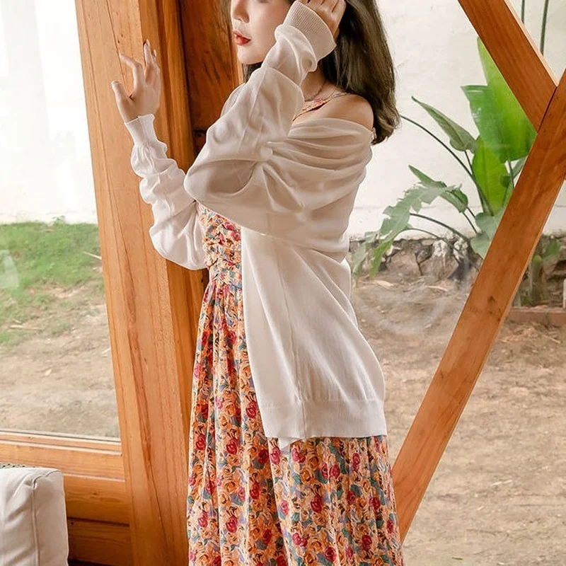 Свитера женские солнцезащитные однотонные простые кардиганы с открытыми