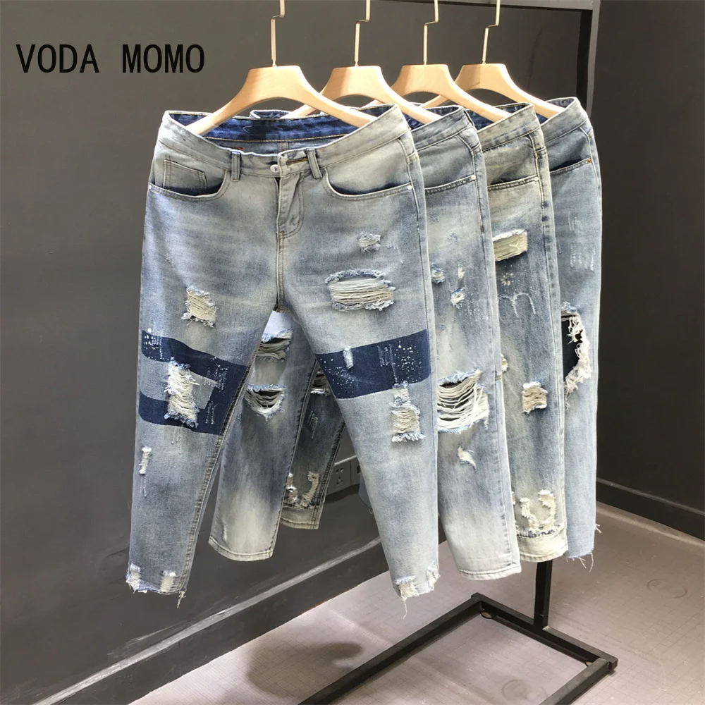 Holes Jeans Men And Women Summer 2022 High Waist Thin Color Loose Straight Denim Ankle-length Harem Pants Men And Women Jeans