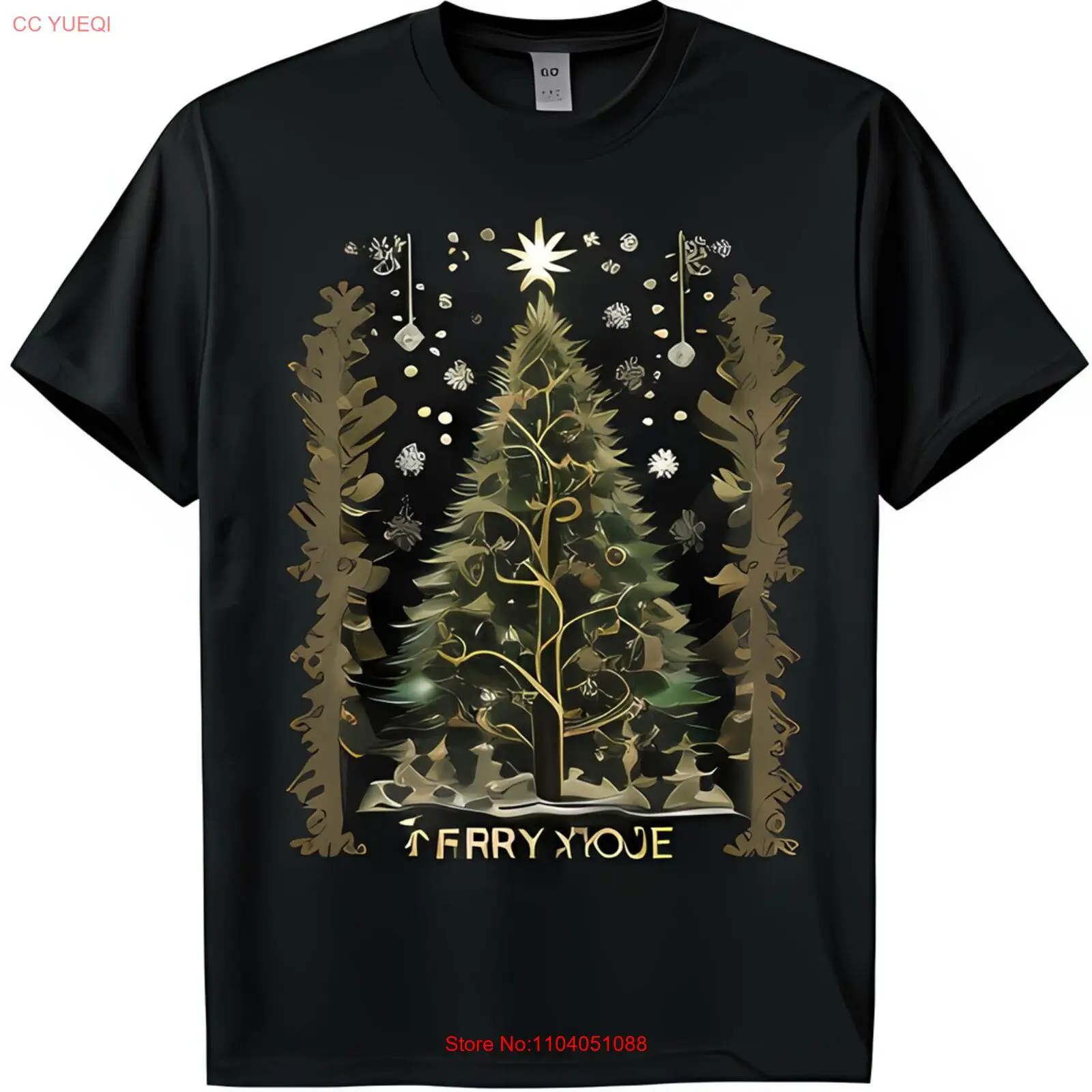 Элегантная черная футболка с золотым графическим изображением рождественской