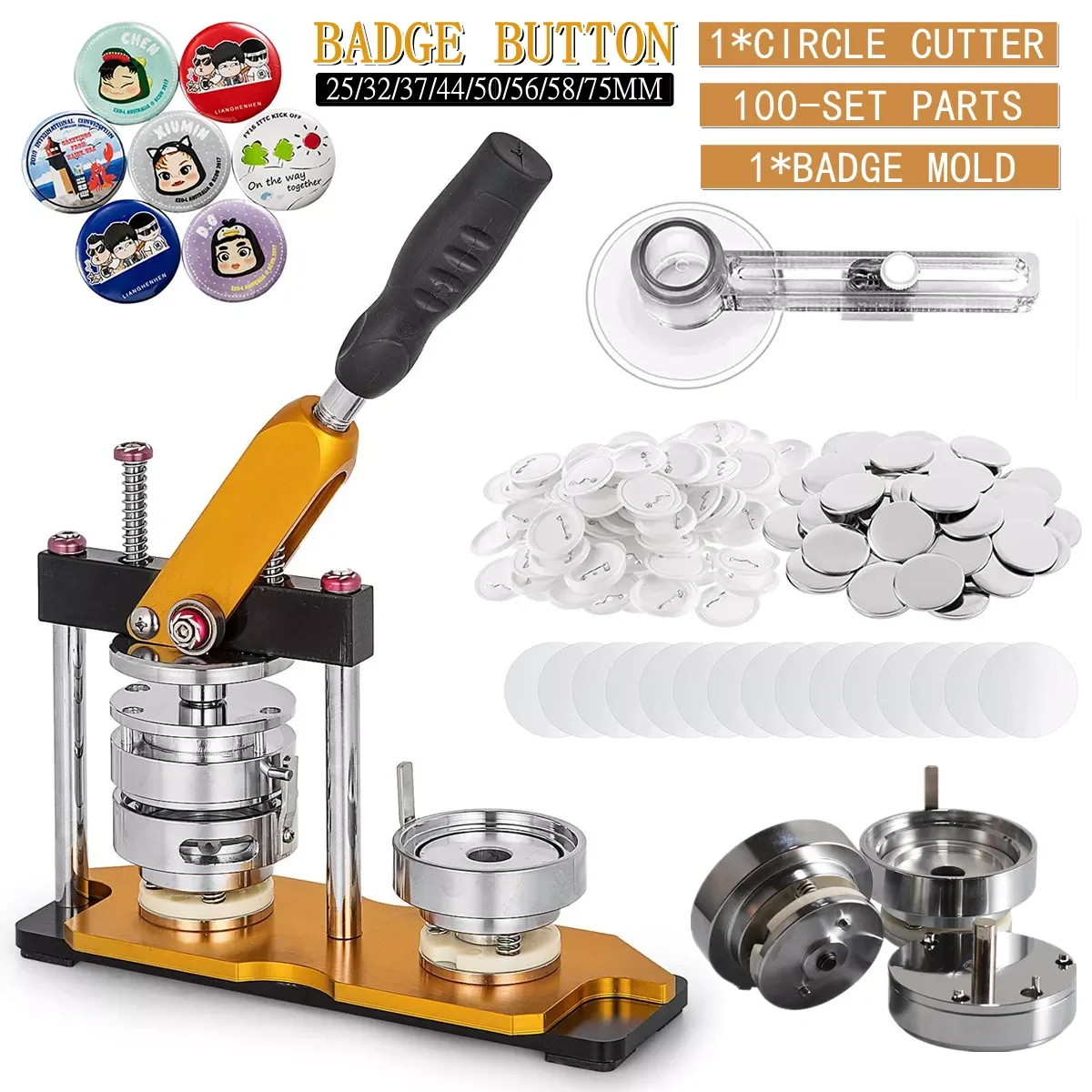 

Badge Pin Button Maker Machine 25-58MM DIY Badges Set with 100Pcs Button Parts+Circle Cutter+Mold, for Badge Press Maker Machine