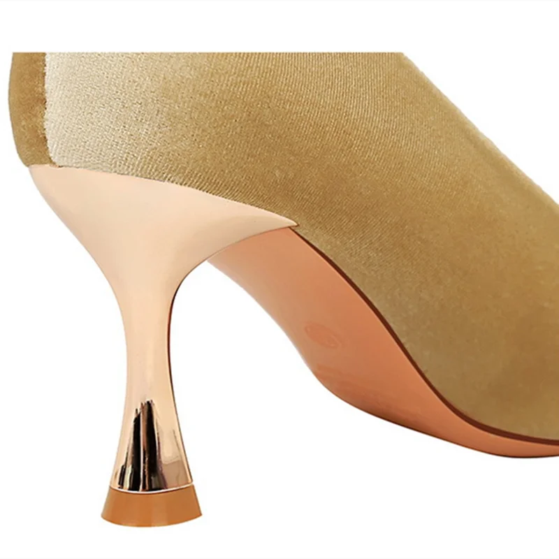 Women Corduroy High Quality Metal Toe Pumps Long Mouth Null Shoes 7cm Med Gold Thin Heels Beige Wine Zapatos De Mujer 34-40 25cm