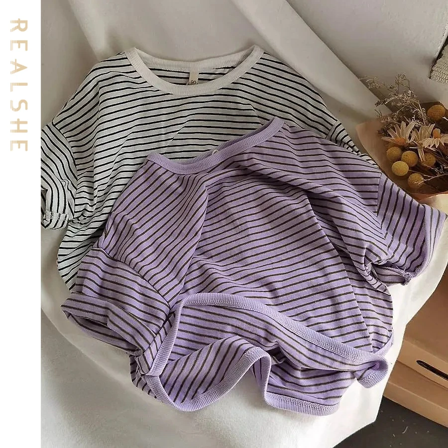 

Summer Kids T-shirt Fashion Short Sleeve Striped Girls Boys Tees Loose Unisex Tops Korean Casual Children Clothes 2023