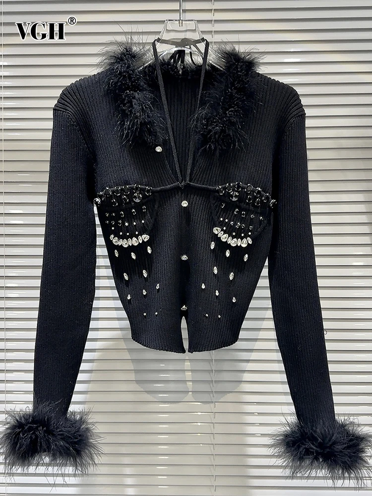 

Женский вязаный свитер с перьями VGH, однотонный Повседневный пуловер с V-образным вырезом и длинным рукавом, свитер в стиле пэчворк со стразами