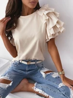 2022 fashion new summer simple ruffle short sleeved round neck ladies t shirt womens casual office tops soild color